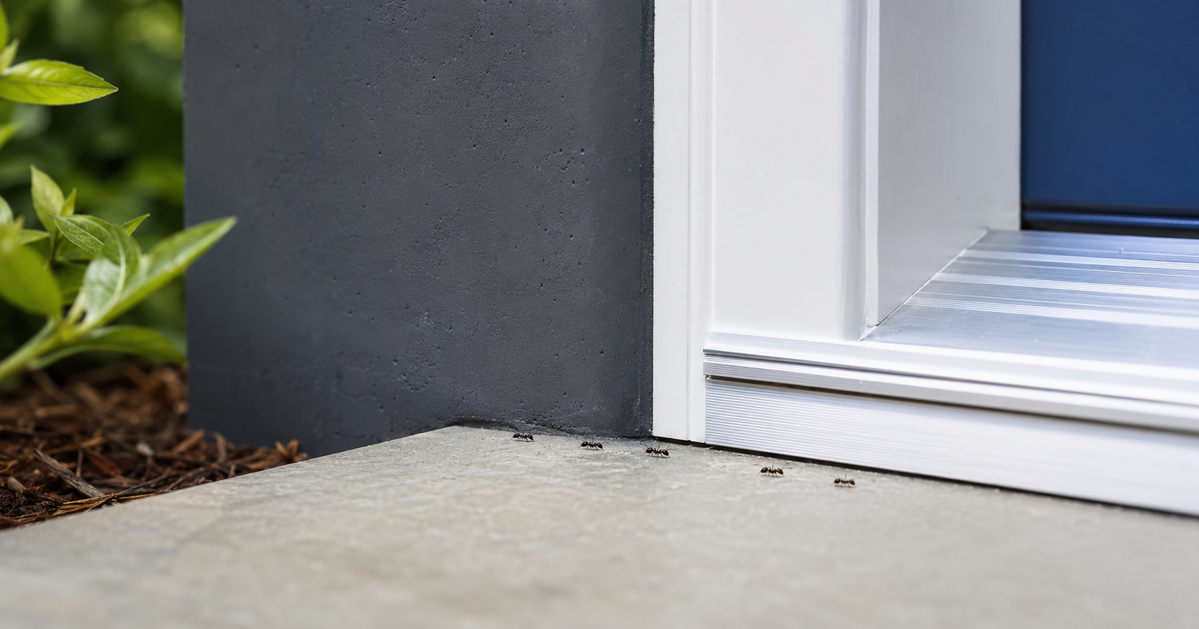 Ant trail near a home exterior threshold