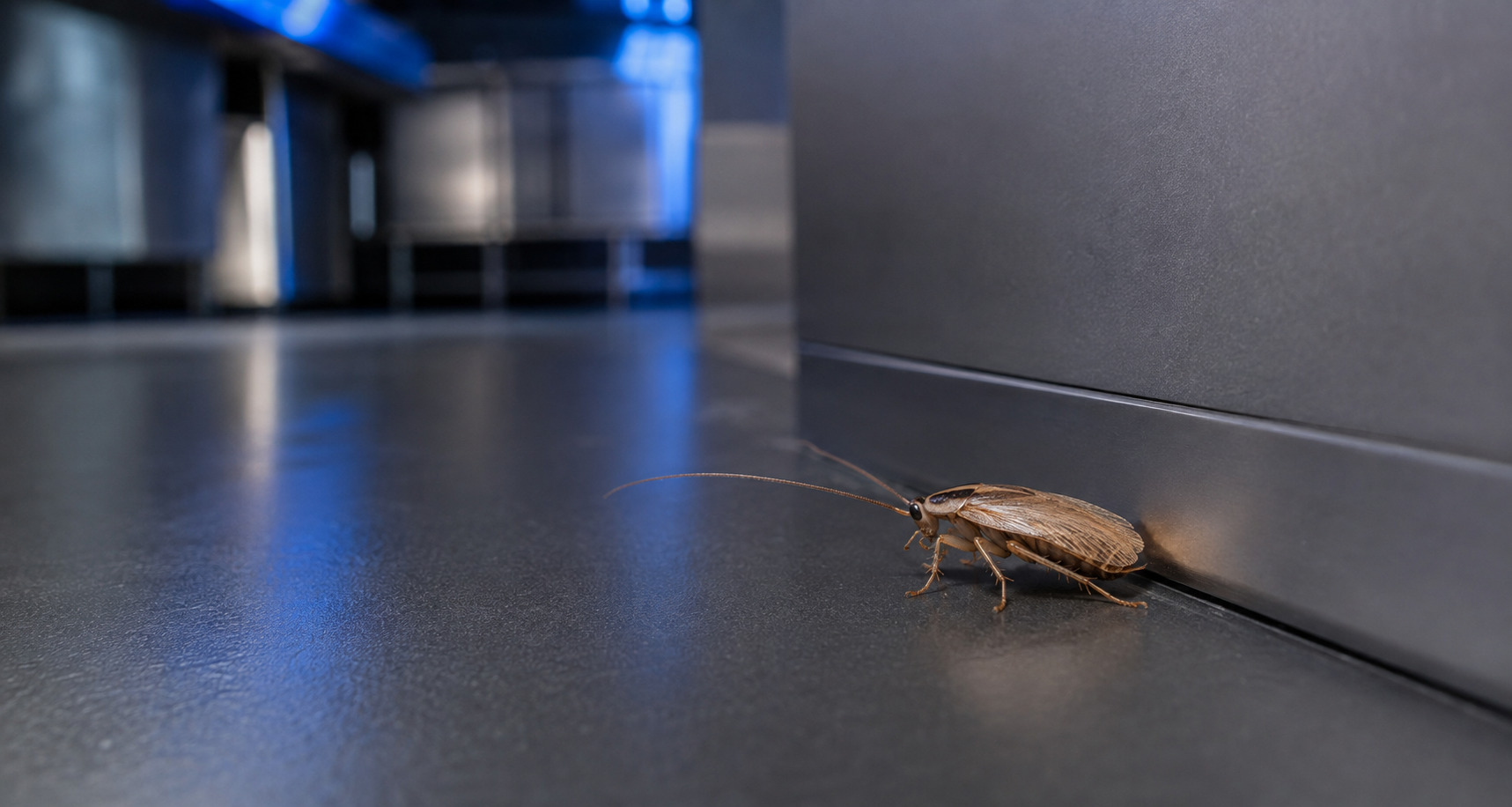 German cockroach near a commercial kitchen wall junction